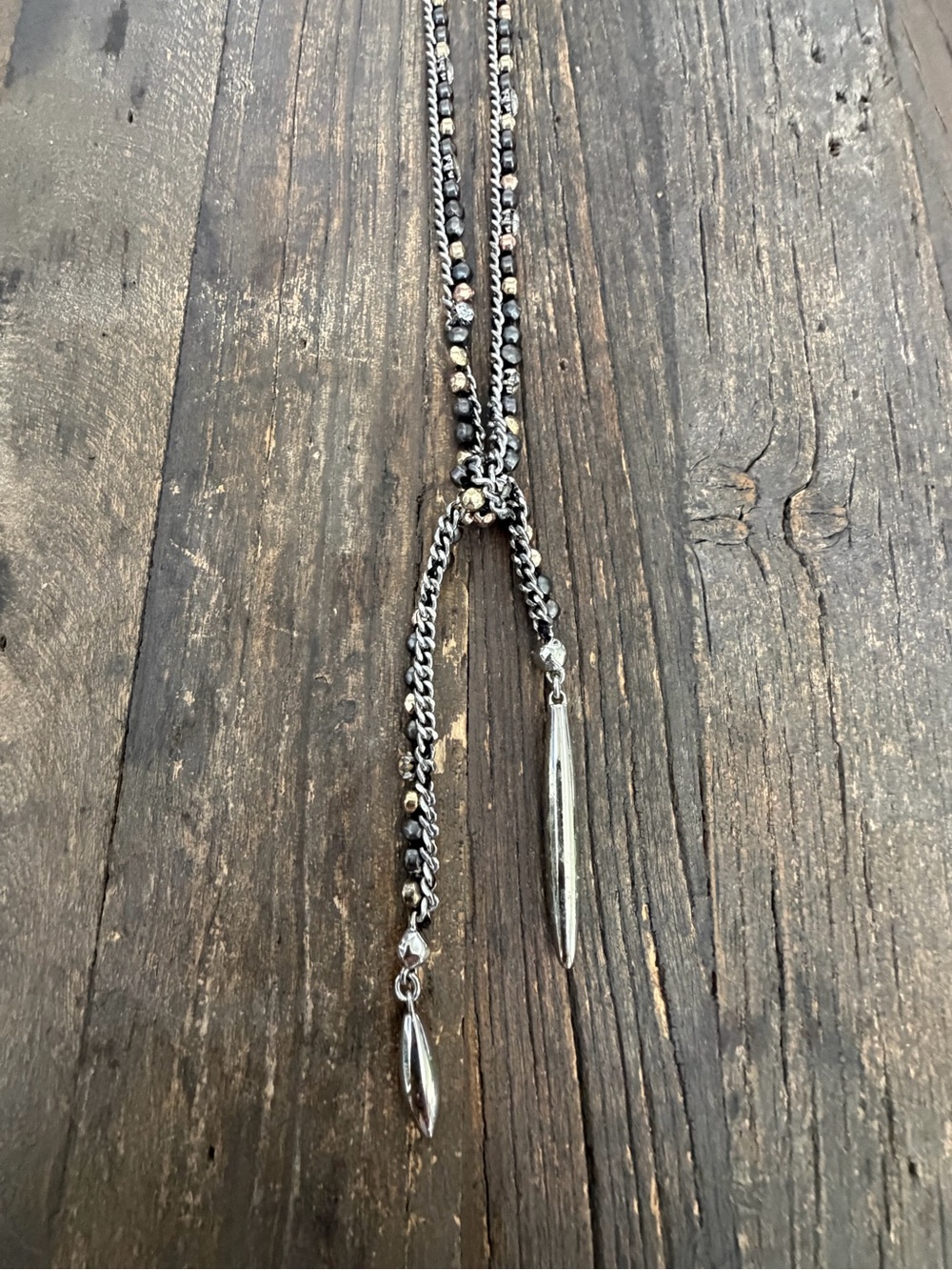 Silver-Tone Beaded Lariat Necklace with Spike Pendants adjustable length